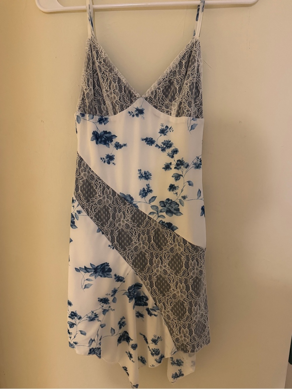 Whitefox White Slip Dress with Blue Floral Print and Lace Insets
